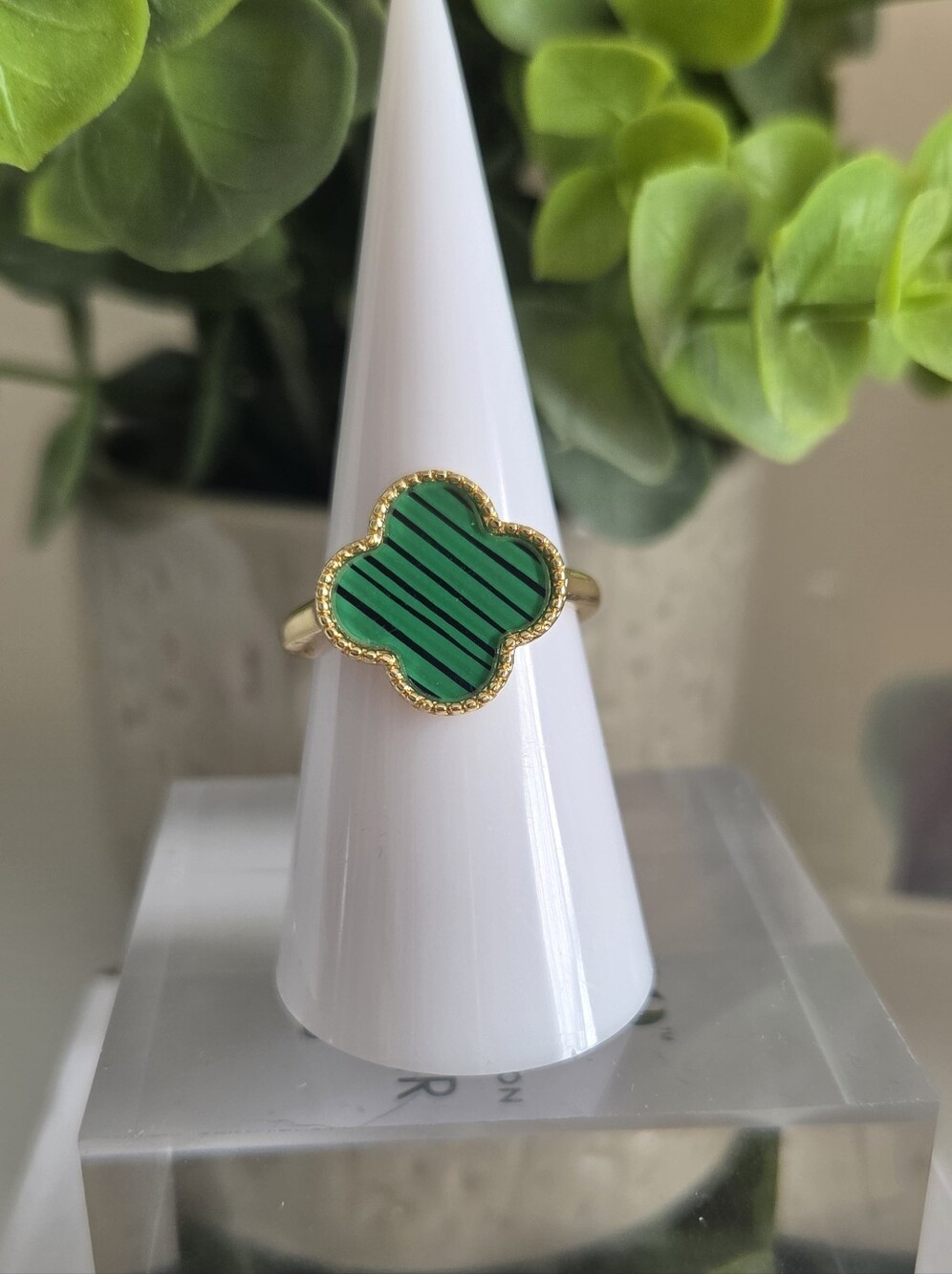 Gold-Tone Clover Ring with Green Striped Enamel